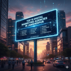 A futuristic, glowing billboard on a busy Jamshedpur street at dusk, featuring the 2025 updated list of the Top 10 Digital Marketing Agencies in Jamshedpur